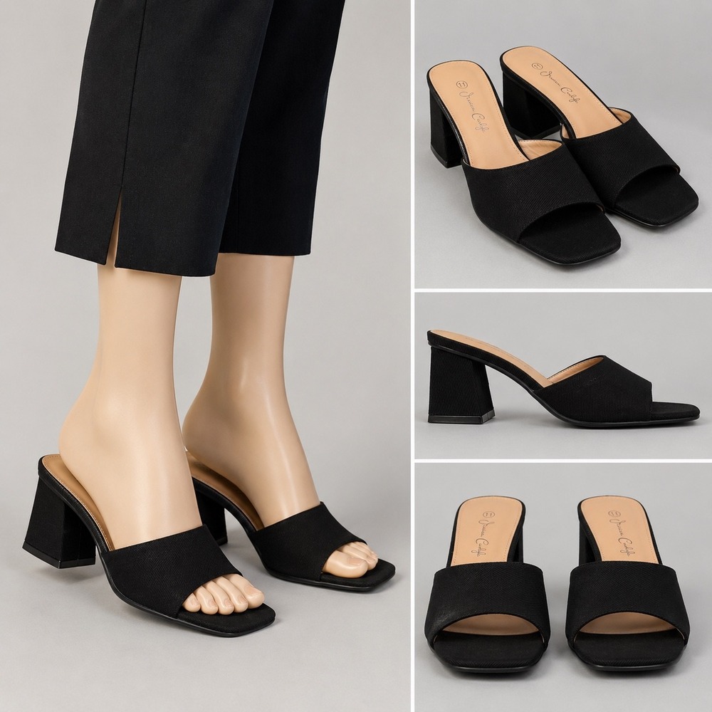 Jessica Carlyle Womens Black Ribbed Fabric Square Toe Block Heel Slide Sandal 11